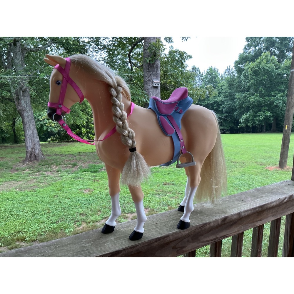 American Girl Palomino Horse for 18 Inch Dolls with Pink and Blue Saddle Bridle